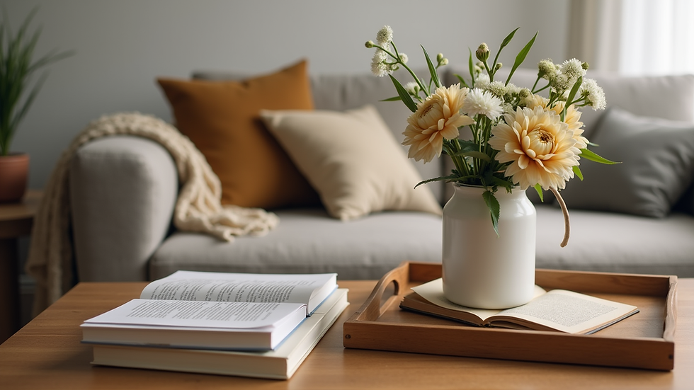 Eye-level view of a wooden coffee table decorated with books, a tray, and a vase of flowers