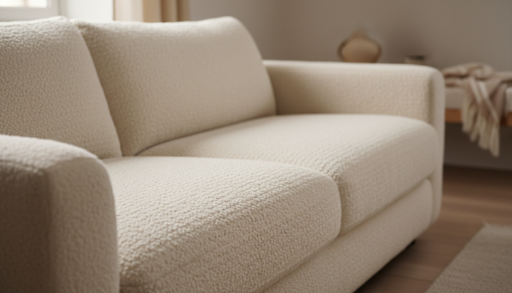 Close-up view of cream boucle upholstery showing its looped texture.