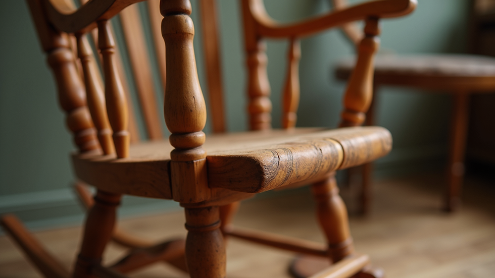 Close-up view of a handcrafted wooden rocking chair with intricate detailing