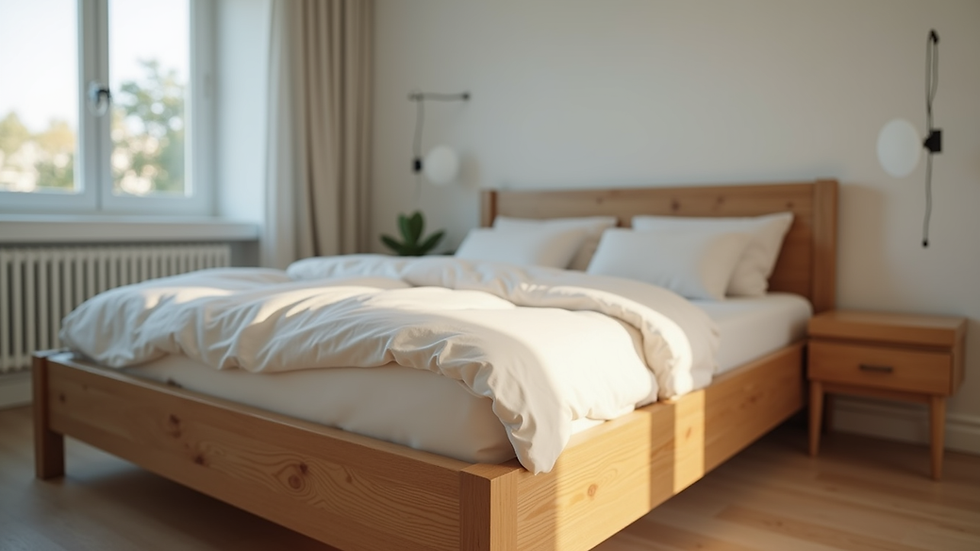 Close-up view of a wooden bed frame with a natural finish and modern bedding