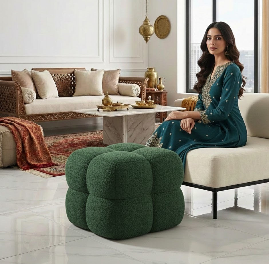 Thumbnail: Premium Diamond Upholstered Pouffe Stool Online Gurugaon