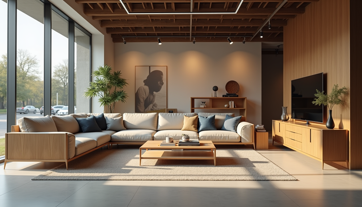 Eye-level view of a stylish wooden sofa set displayed in a bright showroom at Golden Paradise Furniture, Delhi