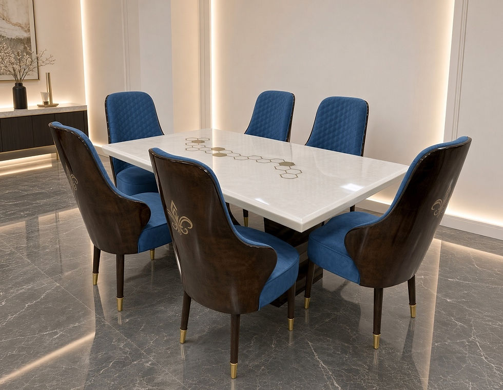 Royal Onyx marble top dining table with blue upholstered chairs, from Golden Paradise Furniture