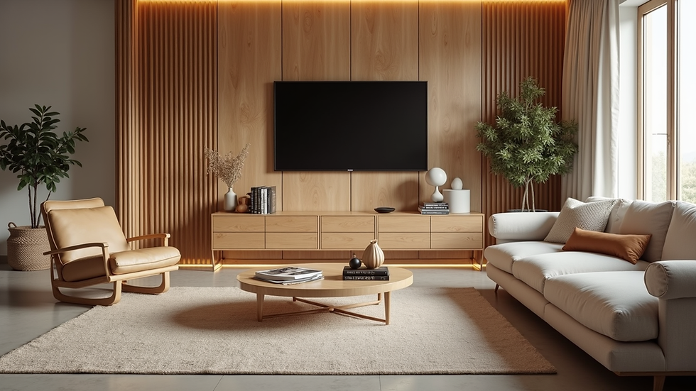 Eye-level view of a modern living room with solid wood furniture