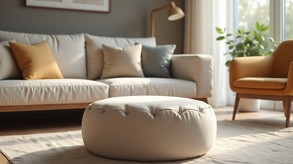 Eye-level view of a beige ottoman stool pouffe in a modern living room
