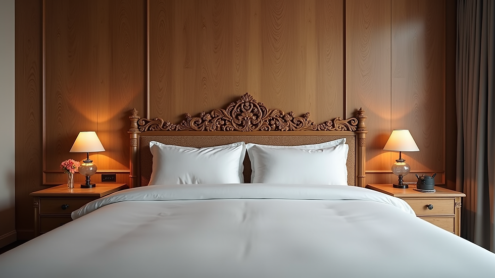 Eye-level view of a Sheesham wood bed with intricate carvings in a modern bedroom