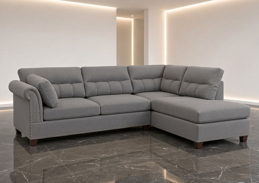 very slowly revolve the camera view around the sofa. grey