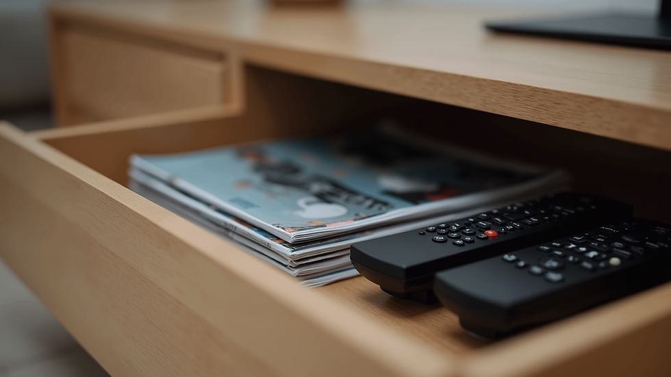 Close-up of a coffee table drawer storing magazines and remote controls