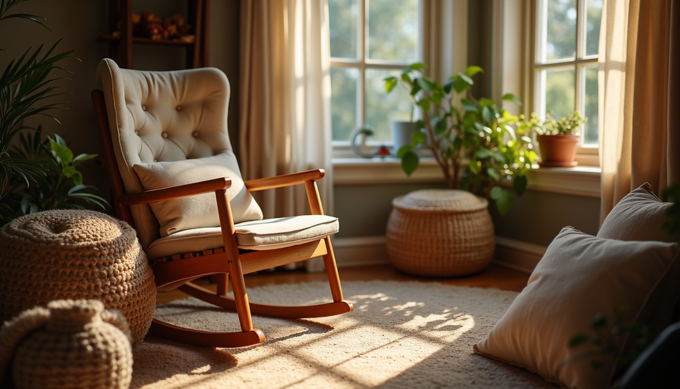 A cozy reading nook featuring a wooden rocking chair