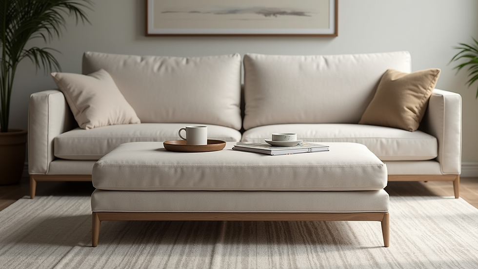 Close-up view of a stylish ottoman coffee table with storage