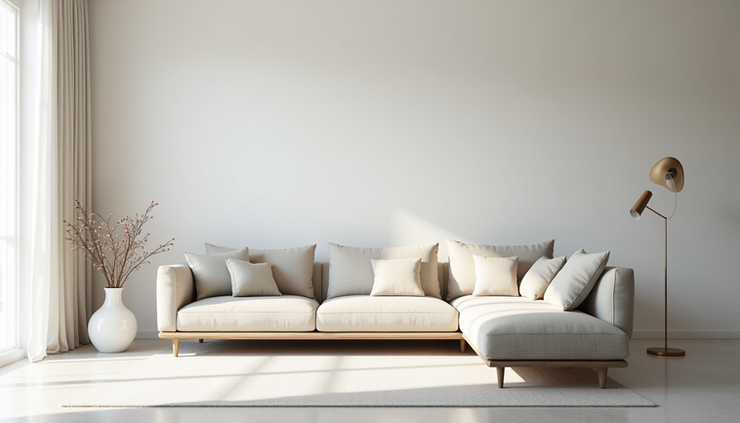 Eye-level view of a sleek contemporary sofa set in a bright living room