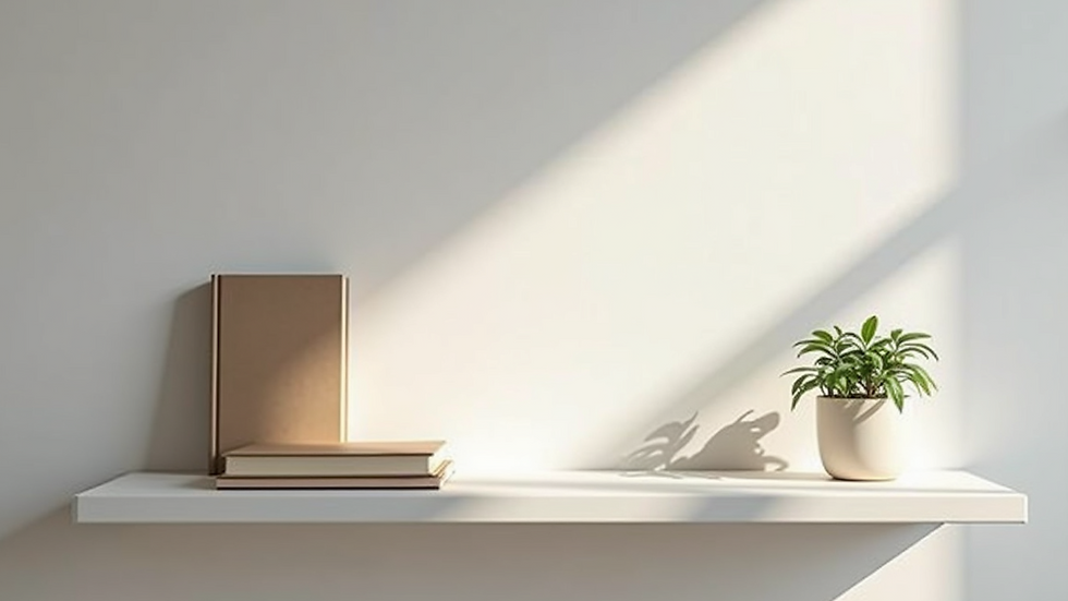 Close-up view of a minimalist floating shelf with a small plant and a book