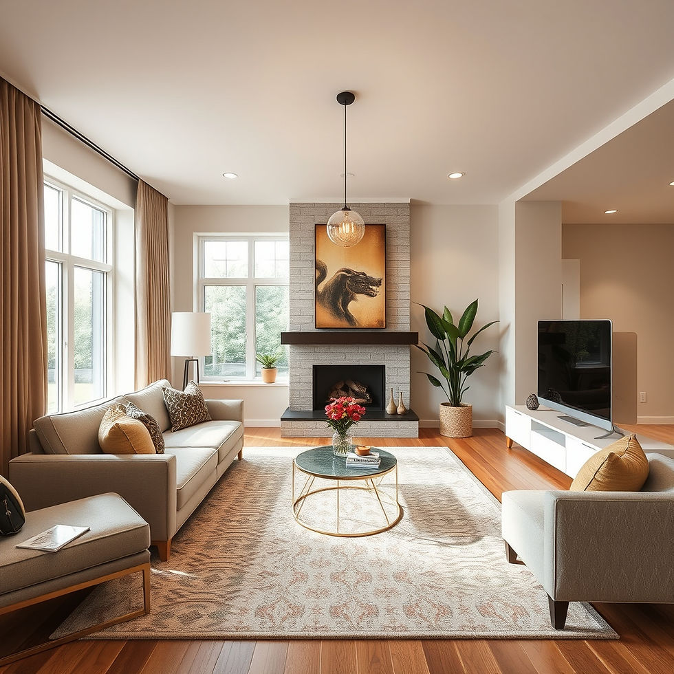 Stylish living room with beige sofas, plant, and fireplace. Painting above mantle, large windows, wood floor, and a cozy ambiance.