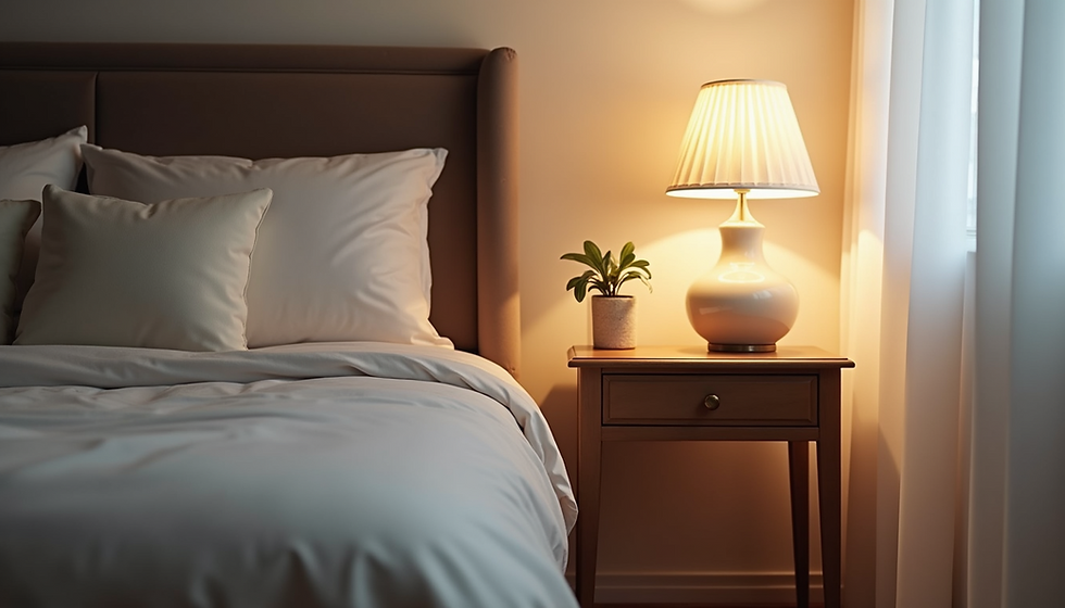 A beautifully styled bedside table with a lamp and books