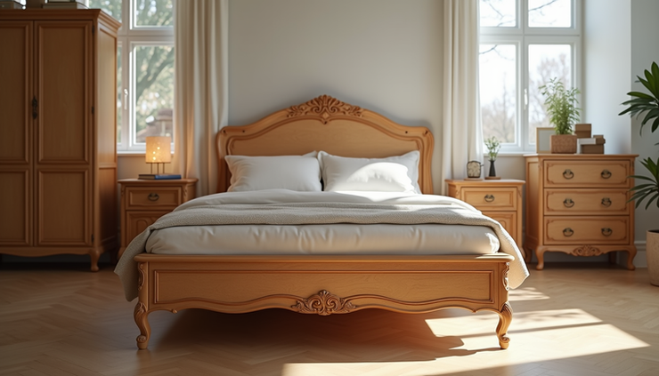 Eye-level view of a solid wood bed with intricate carvings in a bright Delhi showroom
