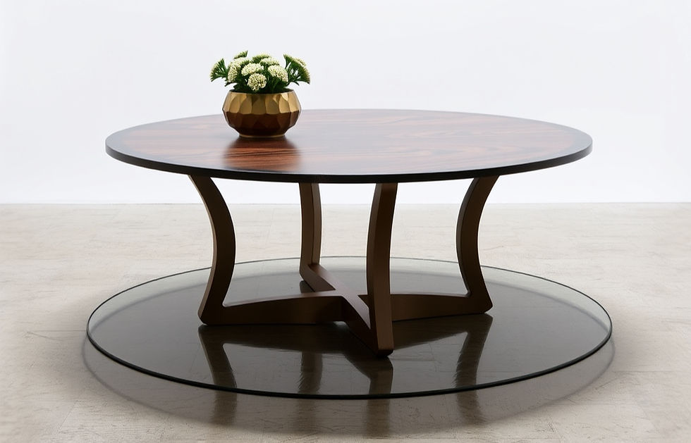Eye-level view of a stylish coffee table in a modern living room