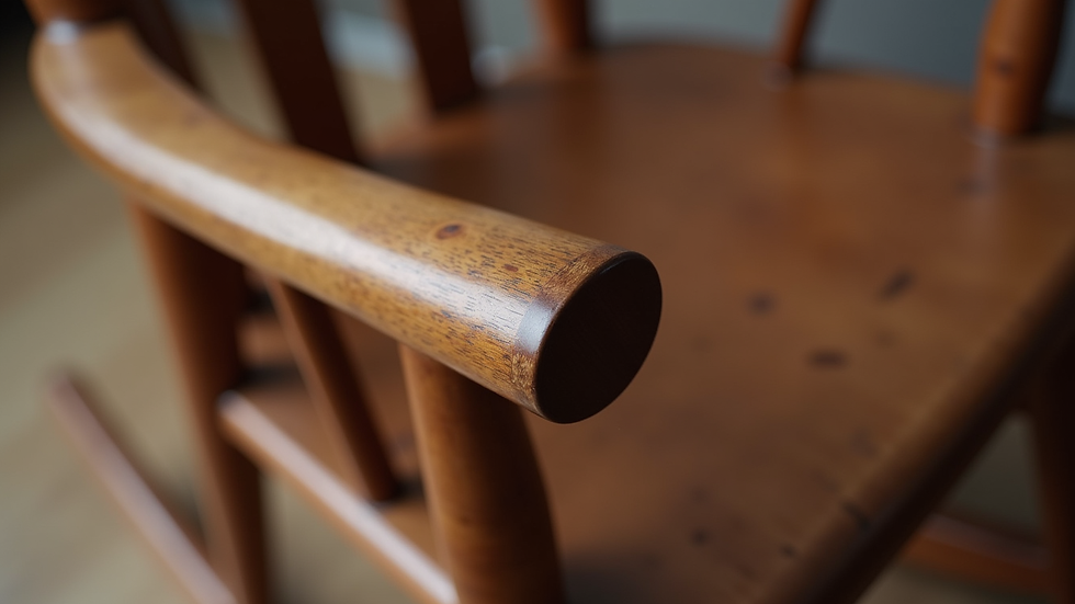 Close-up view of a finely crafted wooden rocking chair armrest