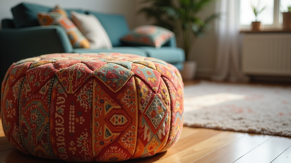 Close-up view of a colorful fabric ottoman stool pouffe on a wooden floor