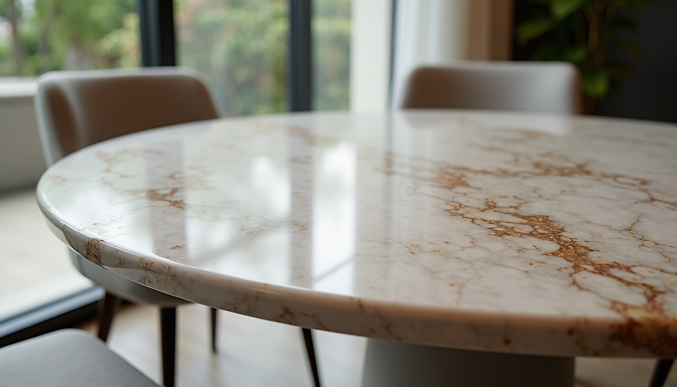 Close-up view of the intricate marble design on a dining table