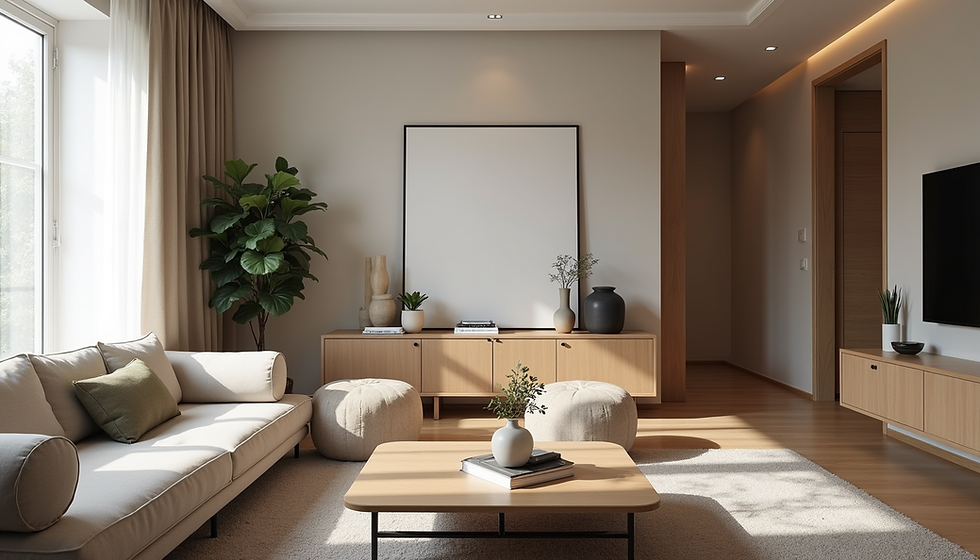 Modern living room with beige sofa, green pillow, wooden furniture, and potted plants. Sunlit from a window, creating a calm atmosphere.
