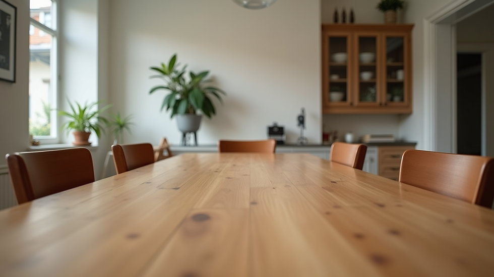 Eye-level view of a sheesham wood dining table set in a modern dining room