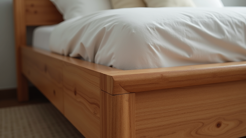 Close-up view of Sheesham wood grain and polished surface on a bed frame