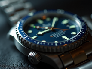 Close-up of a diving watch dial with luminous hands and markers