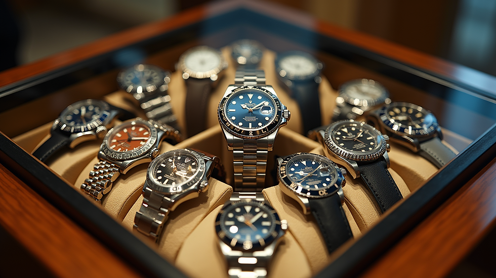 Eye-level view of a display case filled with high-end watches