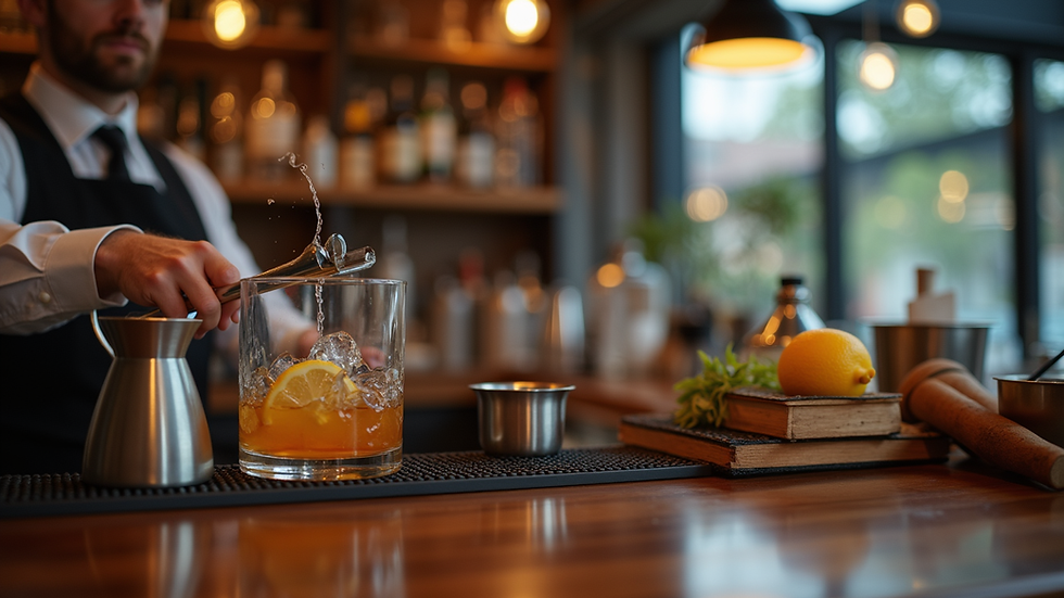 Eye-level view of a modern bartending setup with various tools and ingredients