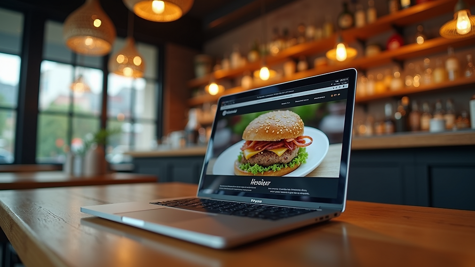 Eye-level view of a modern restaurant website on a laptop