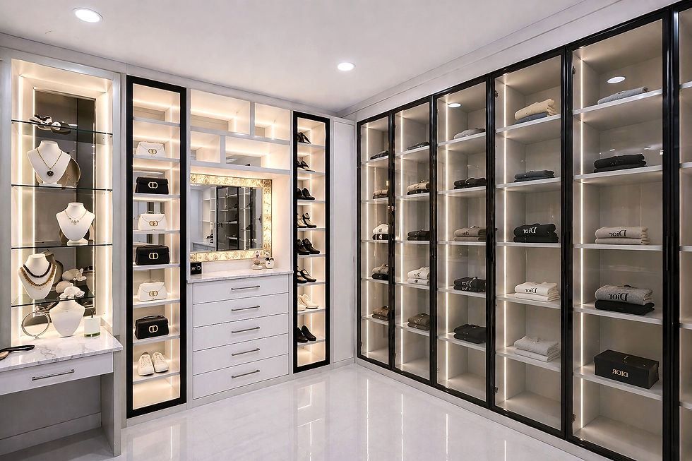 VelArt custom modern, elegant walk-in closet with marble countertops, glass cabinets, and neutral tones. Bright lighting creates a luxurious, organized feel.