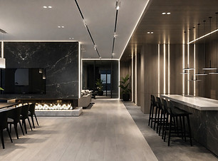 Modern living with sleek design TV unit with fireplace and high-end kitchen by VelArt