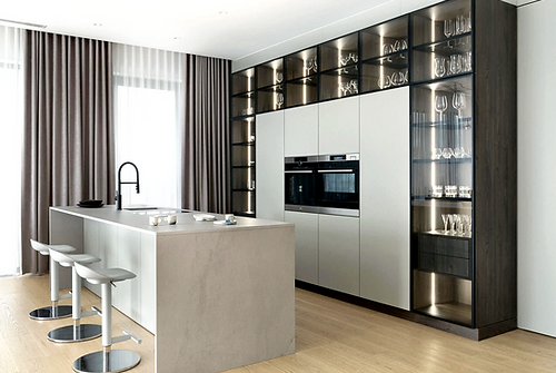 Modern design island kitchen with glass cabinets