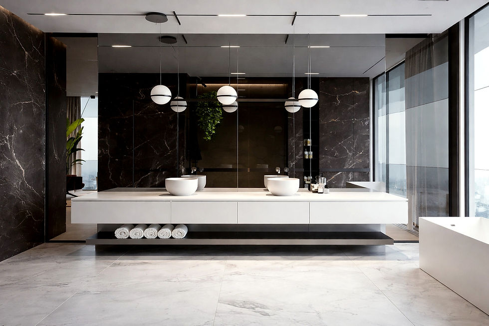 Modern bathroom with white fixtures, dark marble walls, large mirror, pendant lights, and a green plant. Bright, sleek, and minimal design.
