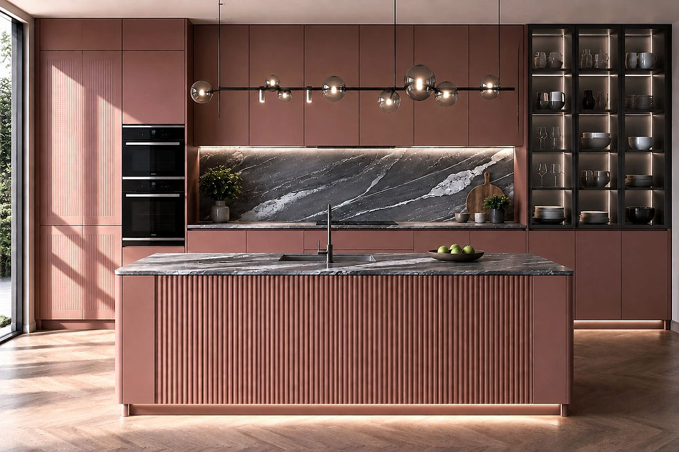 Modern kitchen with terracotta cabinets, island, and glass cabinet. Marble backsplash, sleek faucet, and neutral tones create elegance.