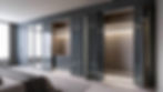 Sleek modern bedroom with gray wardrobes featuring open sections and drawers. Natural light filters through sheer curtains, creating a serene mood.