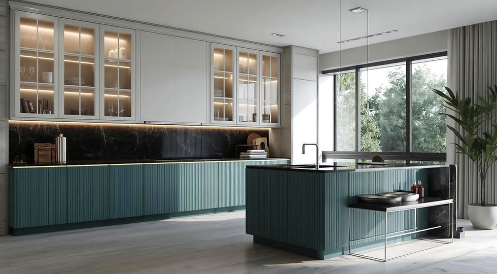 VelArt Modern kitchen with teal cabinets, glass-fronted cupboards, black countertops, and large windows. Potted plant in corner, offering a serene vibe.