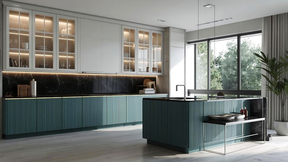 VelArt Modern kitchen with teal cabinets, glass-fronted cupboards, black countertops, and large windows. Potted plant in corner, offering a serene vibe.