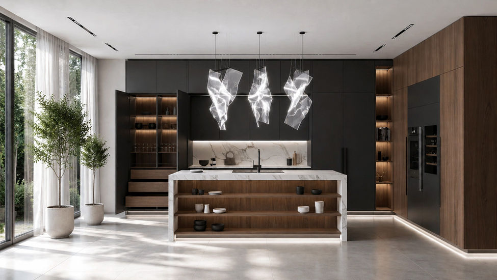 VelArt custom matte black and warm wood kitchen cabinets, Miami