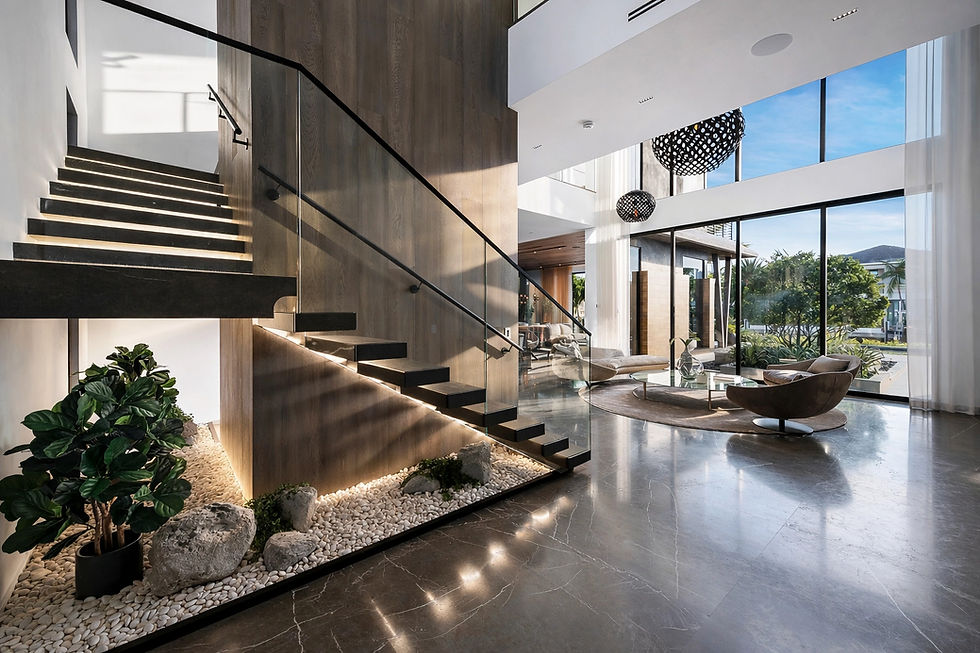 Modern interior with a sleek black staircase, glass railings, and underlighting. White pebble decor, large windows, and cozy seating.