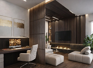 VelArt custom modern living room with TV unit and home office, Bal Harbour, FL