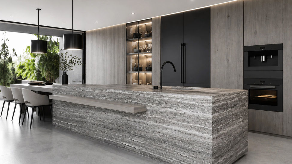 VelArt custom design modern kitchen with integrated dining table, South Miami