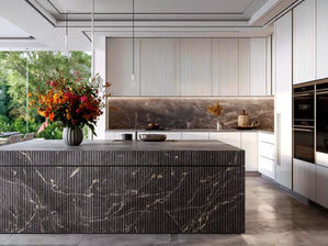 Elegant and modern South Florida kitchen by VelArt, featuring a sleek marble island and sophisticated cabinetry