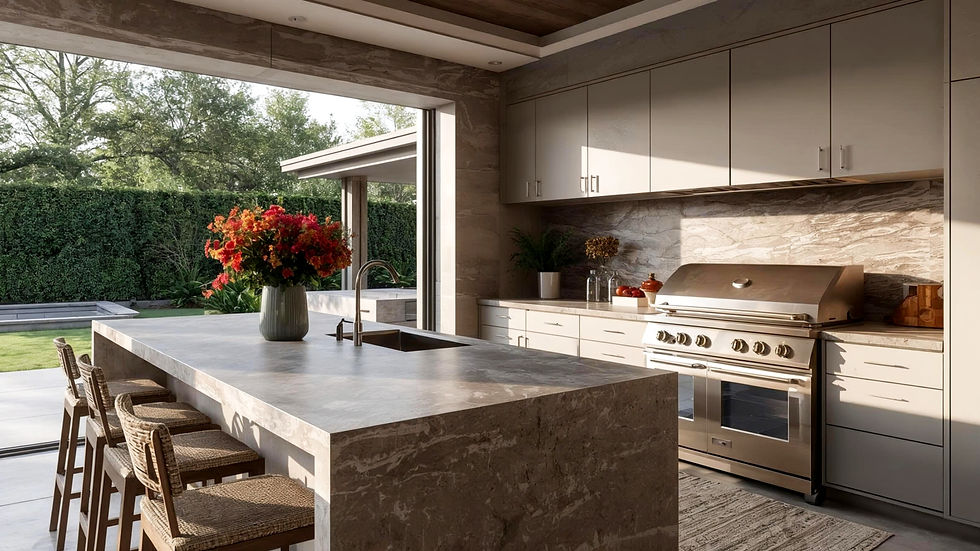 Modern outdoor kitchen with a stone island, wicker stools, and a vase of vibrant red flowers. Sunlit with a view of greenery outside.
