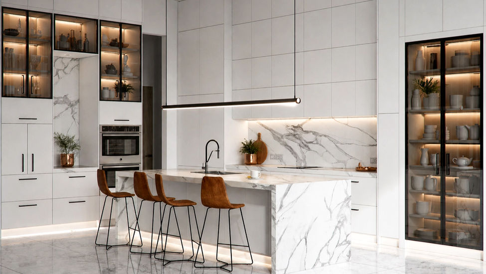 VelArt custom white kitchen with glass doors, Bal Harbour, FL