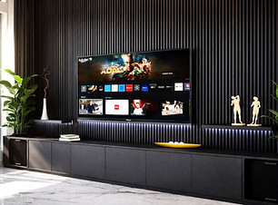 Modern matte black custom entertainment center with black wall panels by VelArt, Hallandal