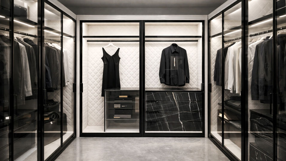 VelArt custom European-style built-in closet with glass doors, Miami