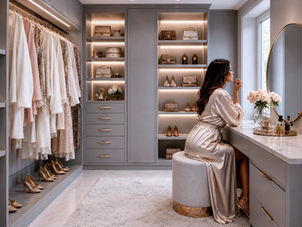 VelArt custom design trendy walk-in closet with integrated make-up table, Bal Harbour, FL
