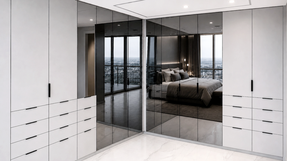VelArt custom design modern L-shape closet with mirror doors, Miami