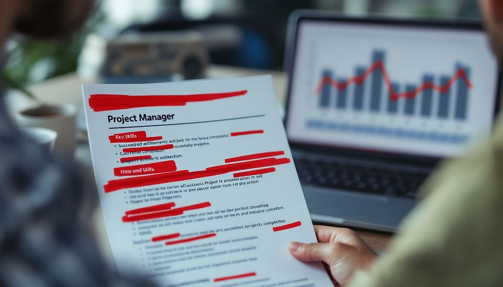 A person reviewing a project manager resume, with a laptop displaying performance graphs in the background.